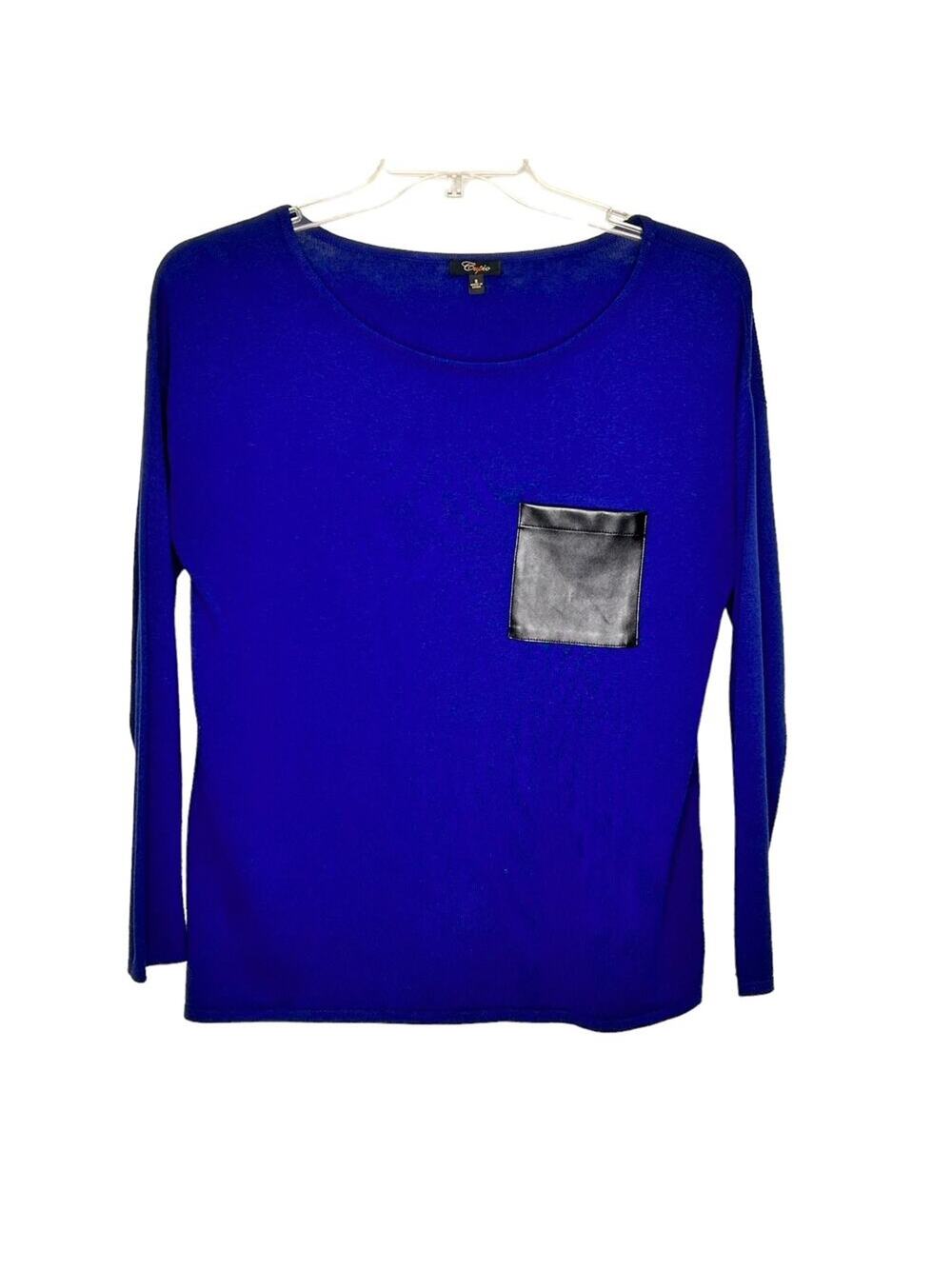 Cupio Royal Blue Long Sleeve Oversized Top Black Faux Leather Pocket